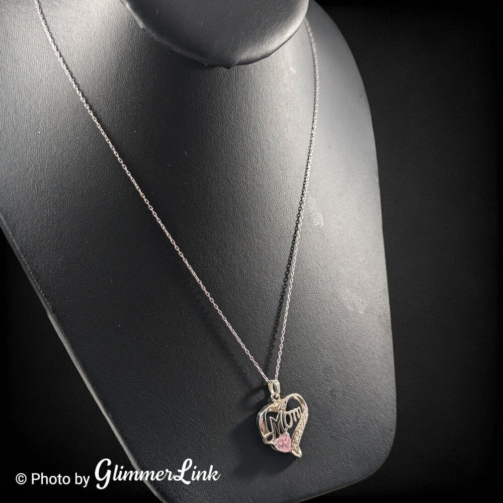 Dainty Pink CZ Mom Heart October Birthstone 925 Sterling Silver Pendant Necklace - Picture 3 of 12
